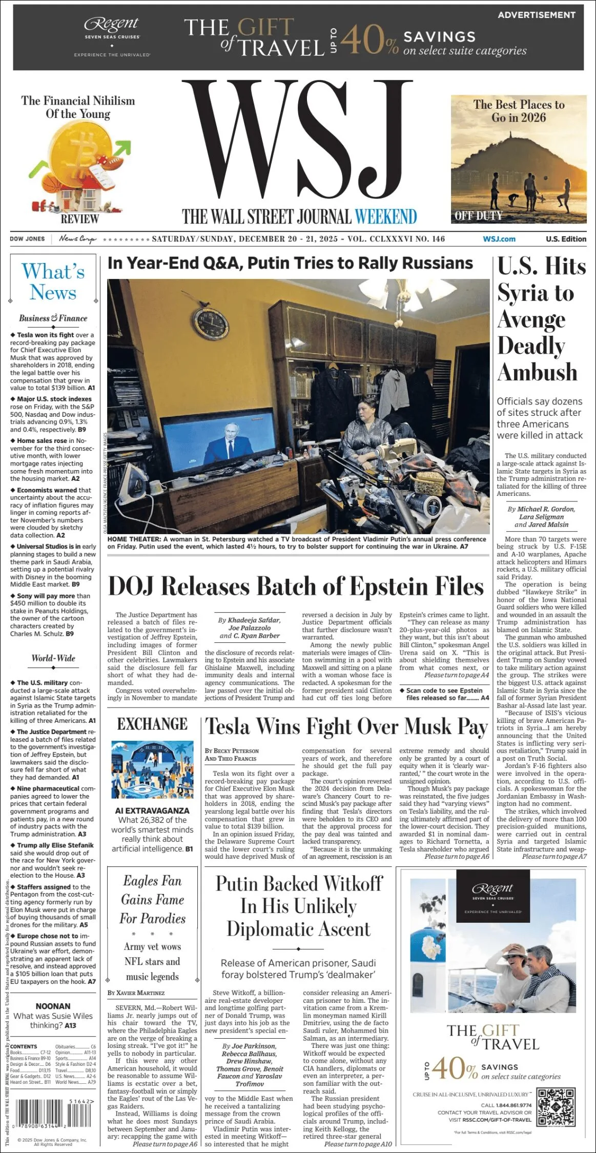 Portada de The Wall Street Journal del sábado, 20 de diciembre de 2025