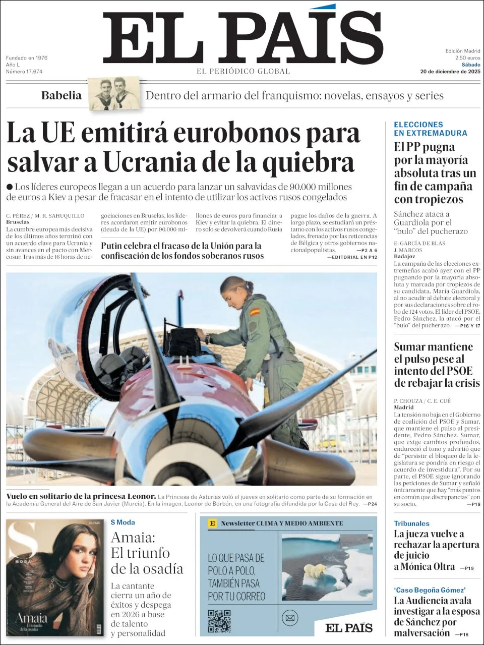 Portada de El Pais del sábado, 20 de diciembre de 2025