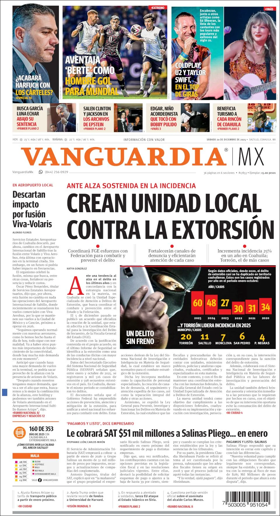Portada de Vanguardia del sábado, 20 de diciembre de 2025