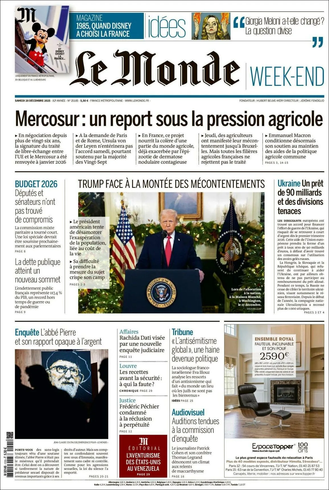 Portada de Le Monde del sábado, 20 de diciembre de 2025