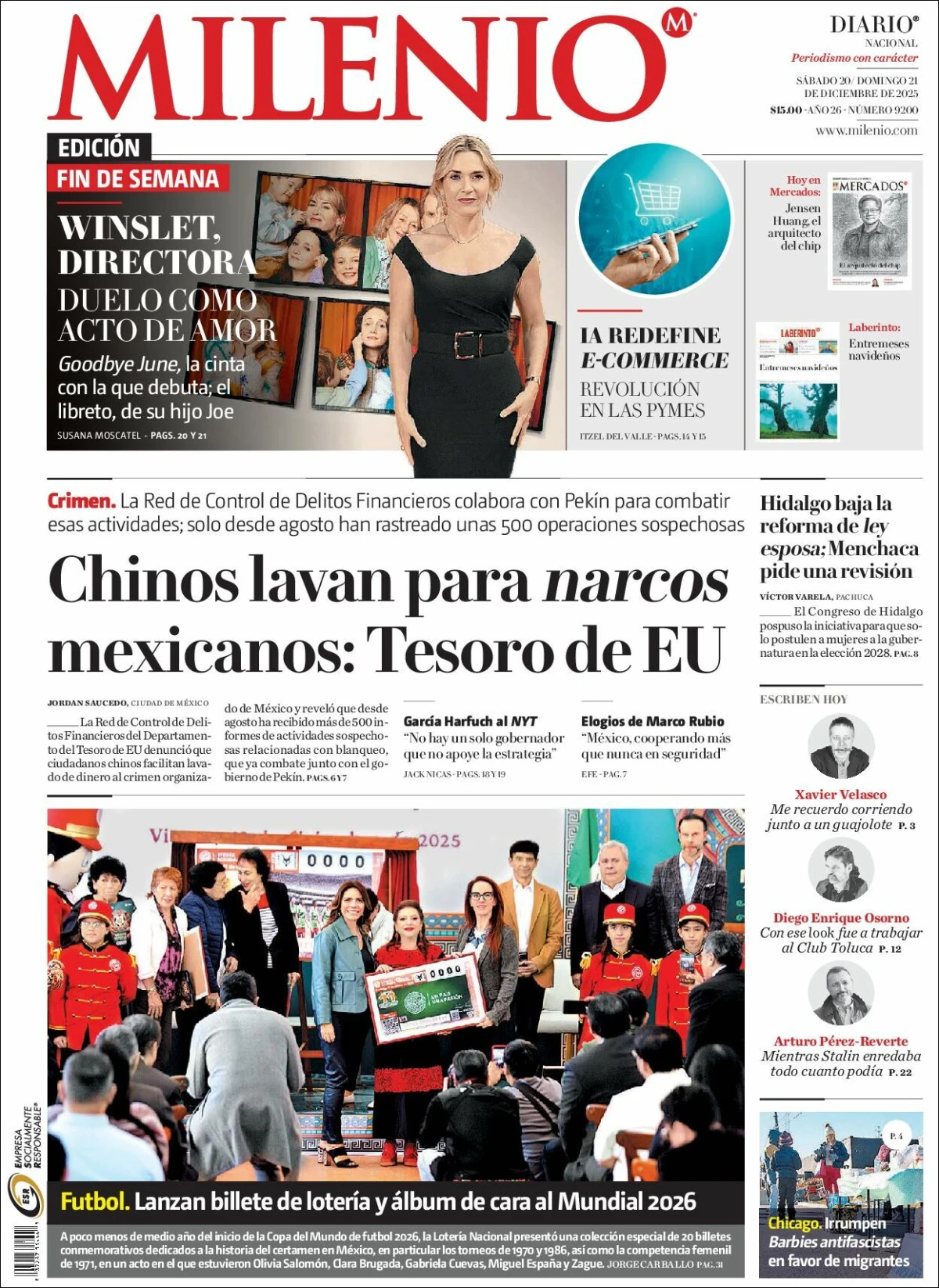 Portada de Milenio del sábado, 20 de diciembre de 2025