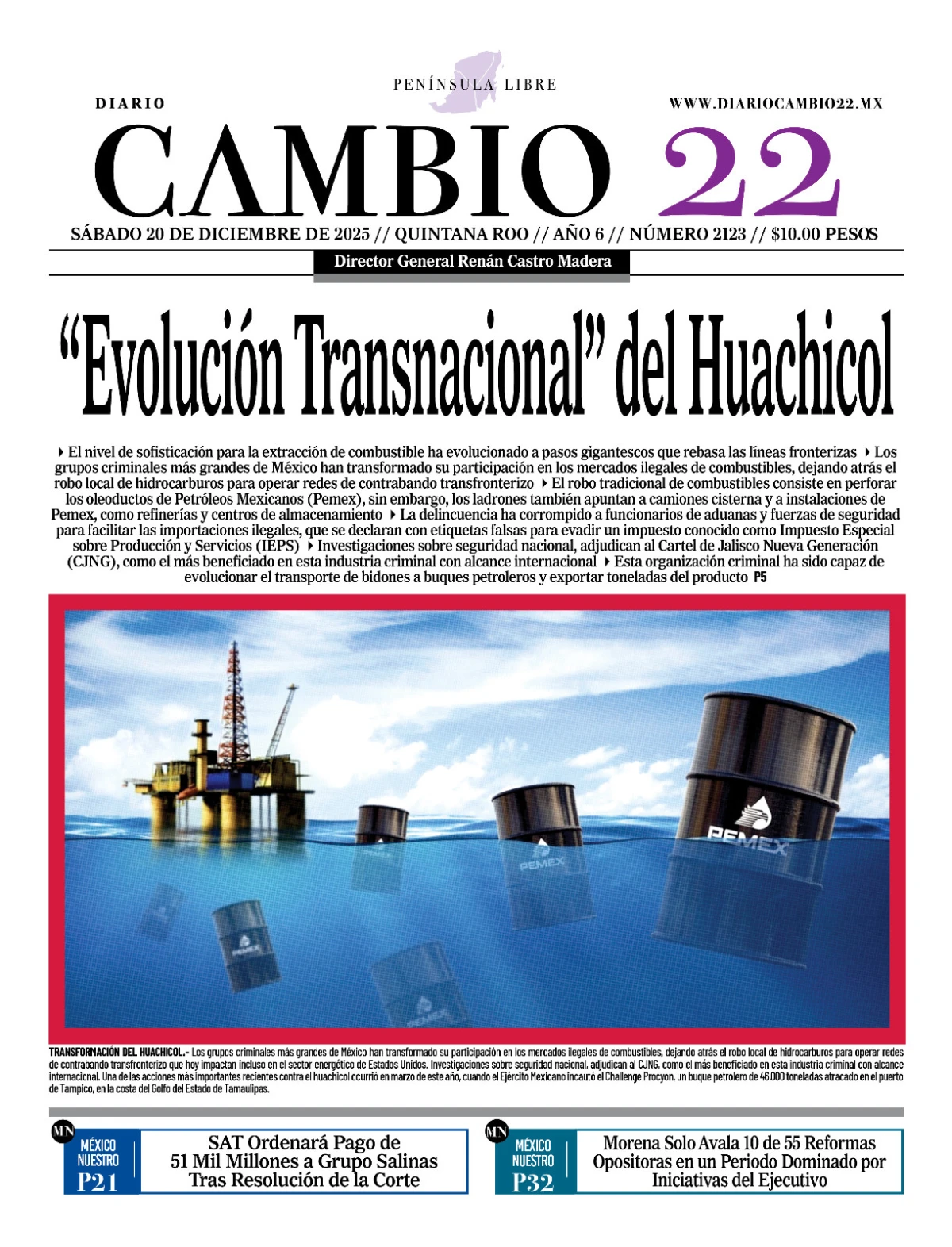 Portada de Diario Cambio 22 (contraportada) del sábado, 20 de diciembre de 2025