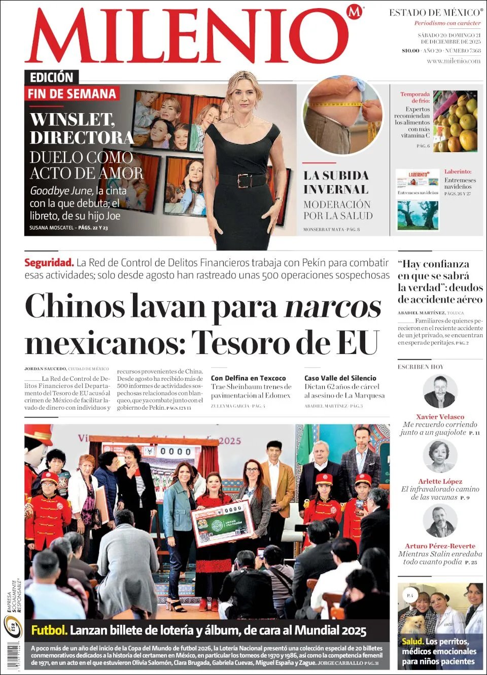 Portada de Milenio Edo de Mexico del sábado, 20 de diciembre de 2025