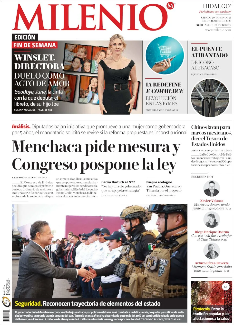 Portada de Milenio Hidalgo del sábado, 20 de diciembre de 2025