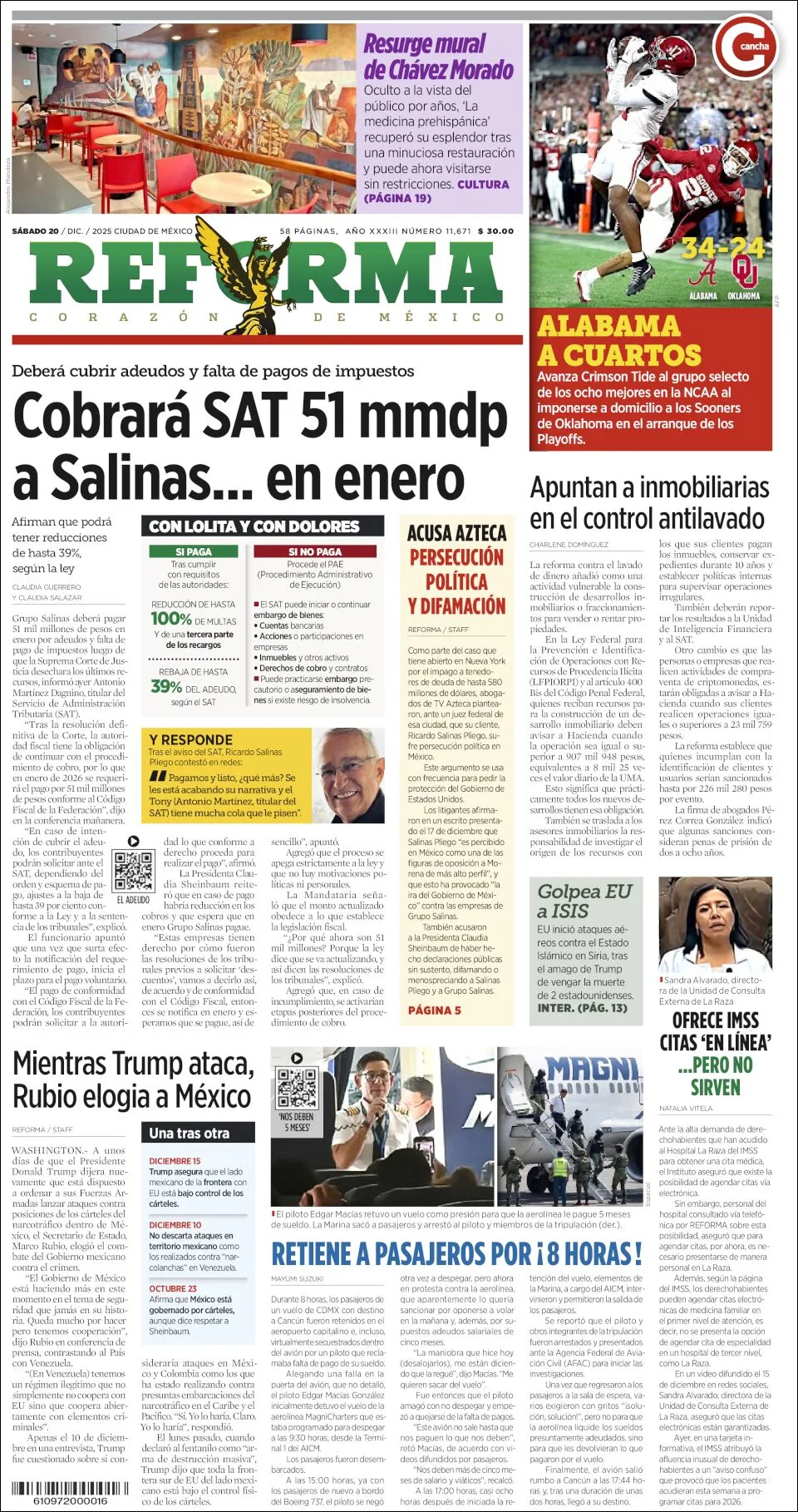 Portada de Reforma del sábado, 20 de diciembre de 2025