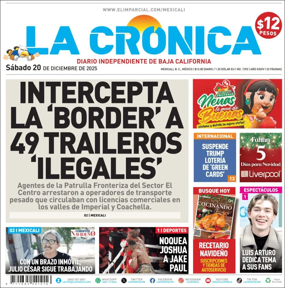Portada de La Cronica del sábado, 20 de diciembre de 2025