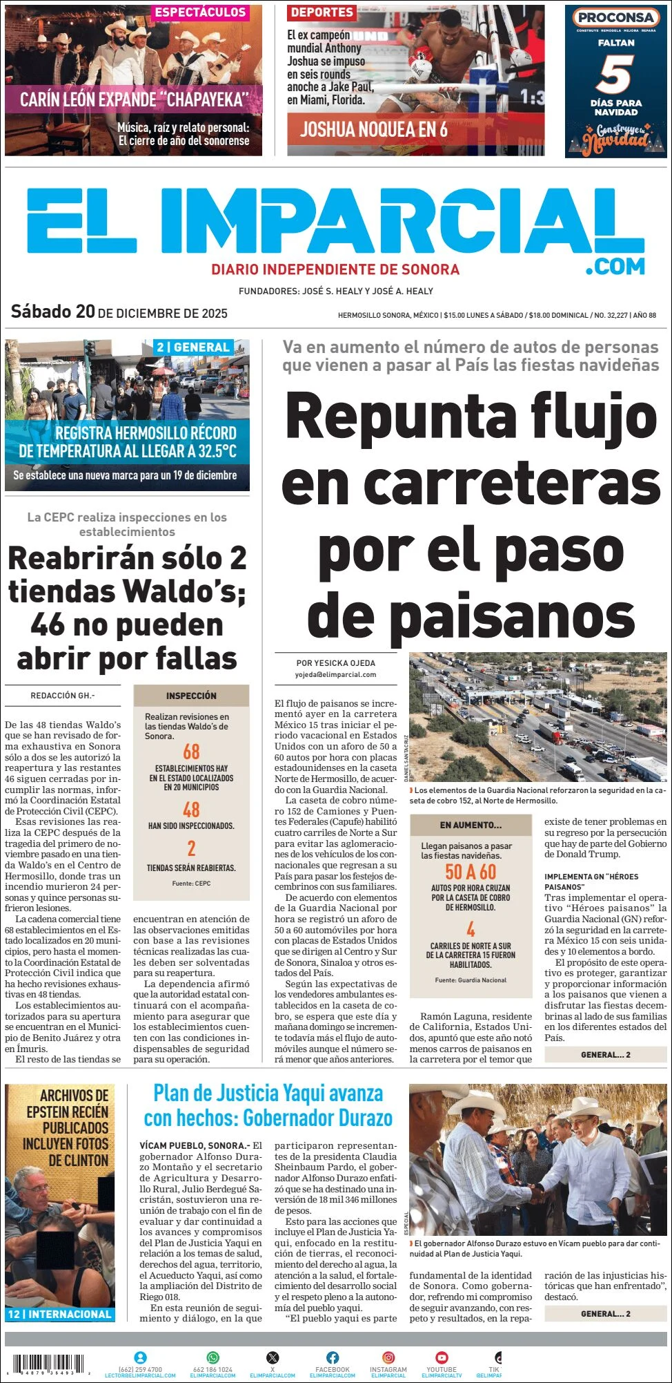 Portada de El Imparcial del sábado, 20 de diciembre de 2025