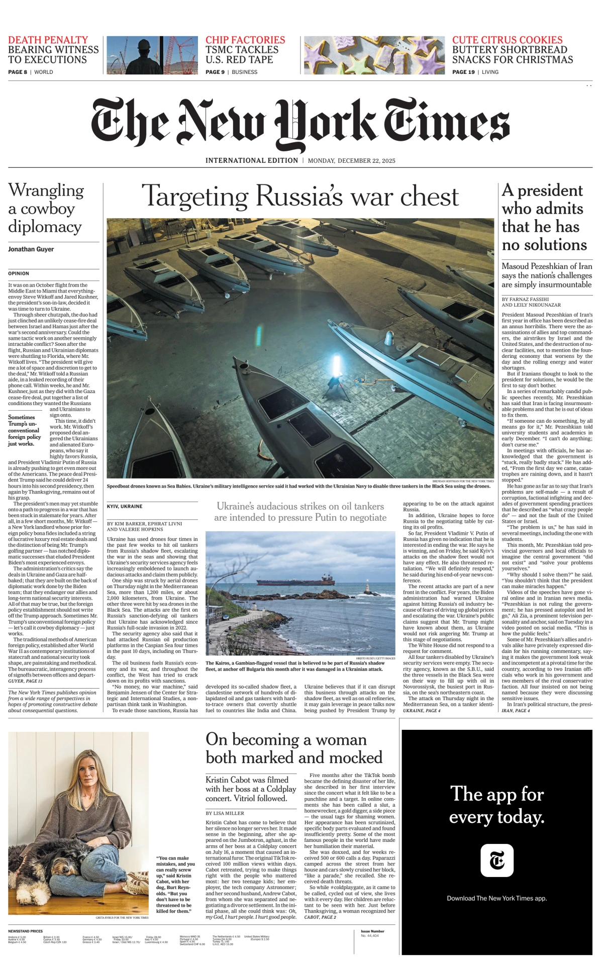 Portada de The New York Times (international) del lunes, 22 de diciembre de 2025