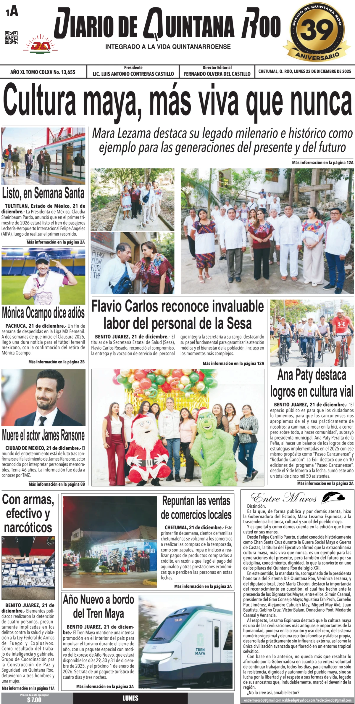 Portada de Diario de Quintana Roo (portada) del lunes, 22 de diciembre de 2025