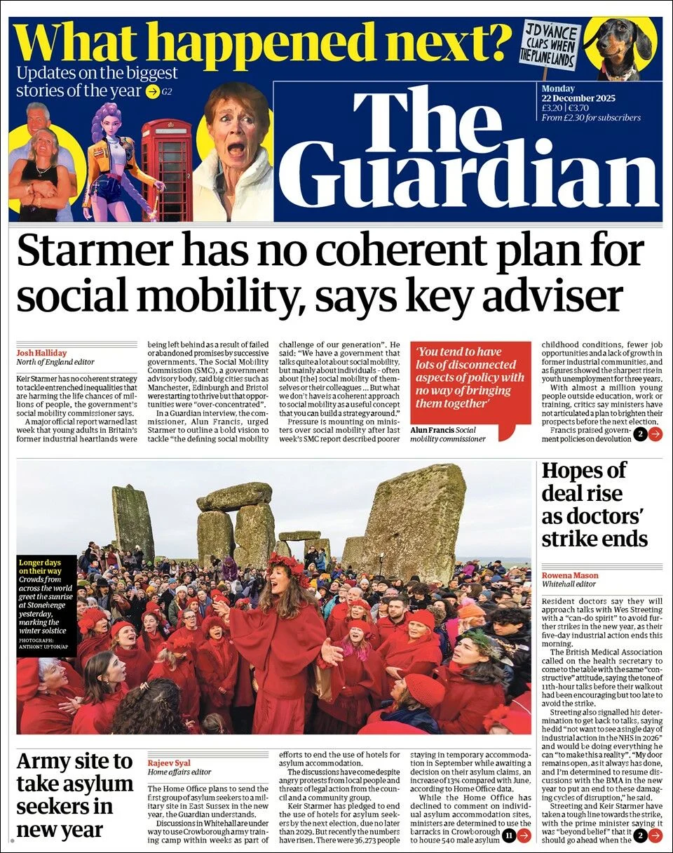 Portada de The Guardian (reino Unido) del lunes, 22 de diciembre de 2025