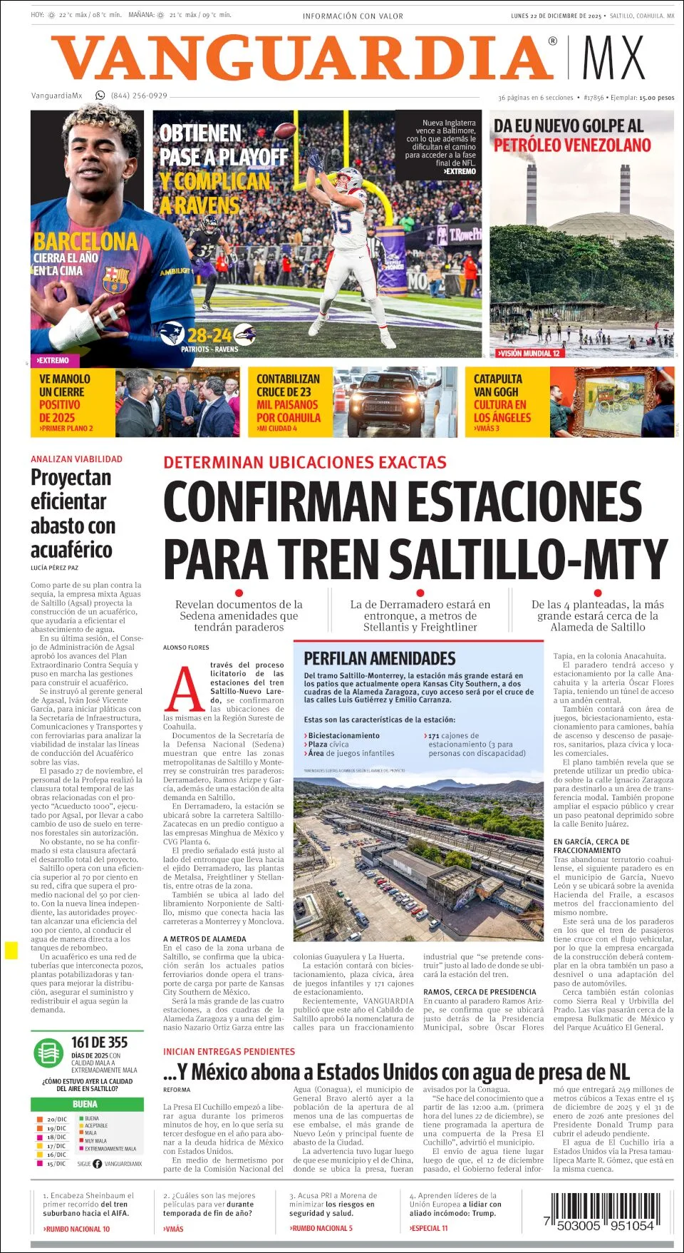 Portada de Vanguardia del lunes, 22 de diciembre de 2025