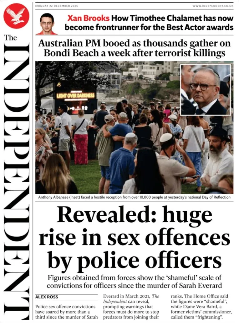 Portada de The Independent del lunes, 22 de diciembre de 2025
