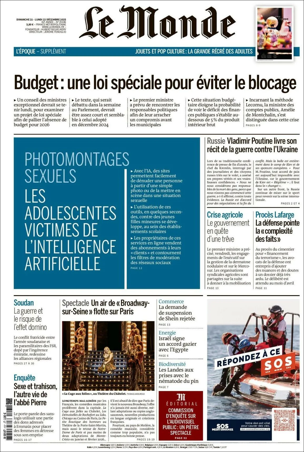 Portada de Le Monde del lunes, 22 de diciembre de 2025