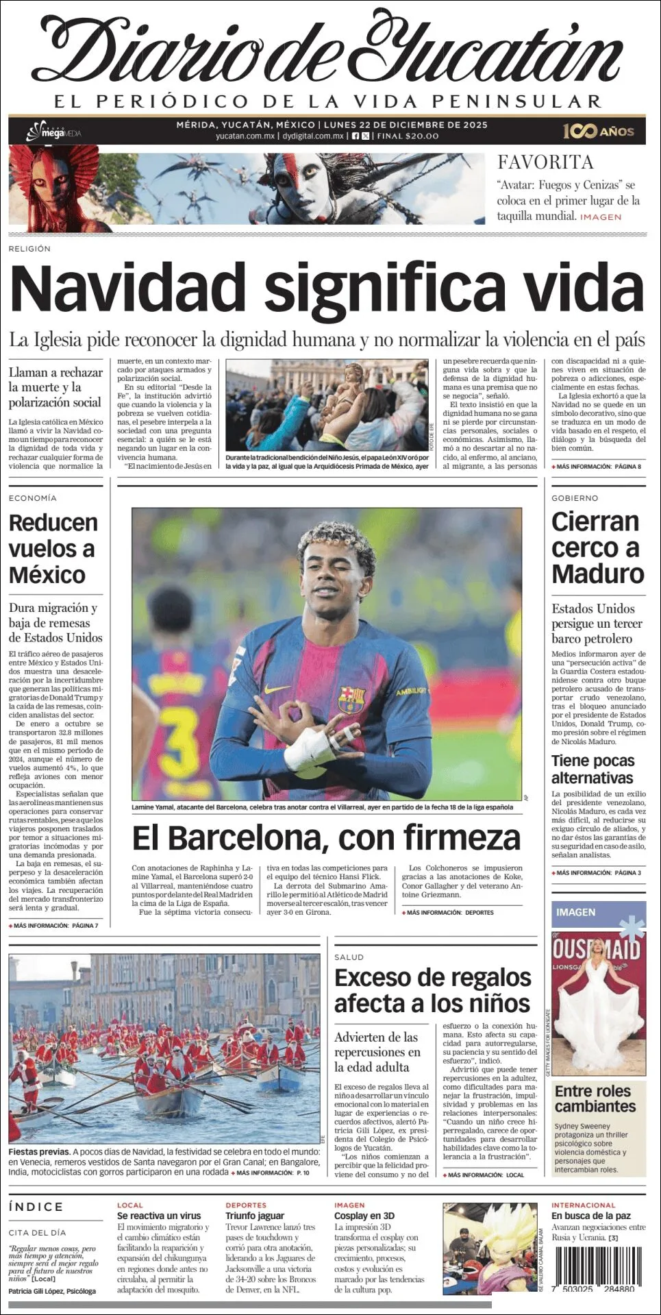 Portada de Diario de Yucatán del lunes, 22 de diciembre de 2025