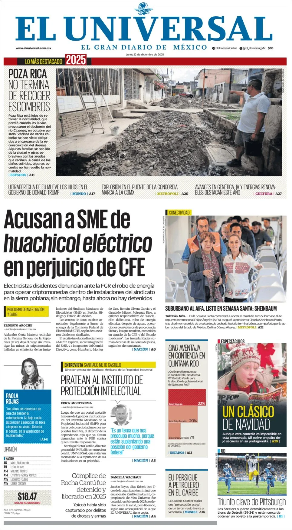 Portada de El Universal del lunes, 22 de diciembre de 2025