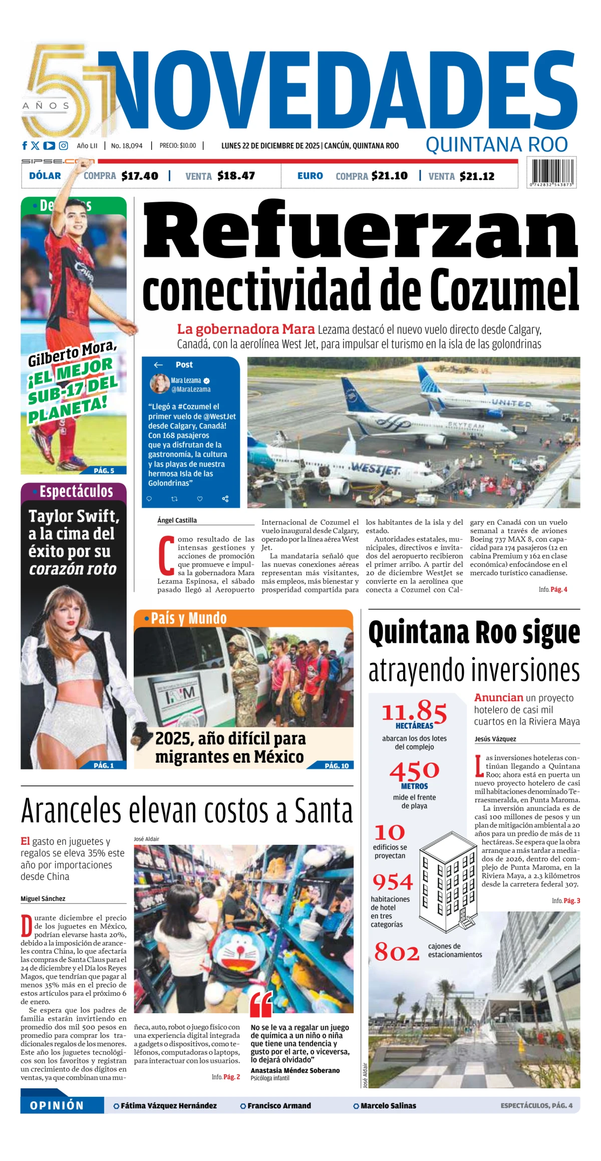 Portada de Novedades Quintana Roo del lunes, 22 de diciembre de 2025