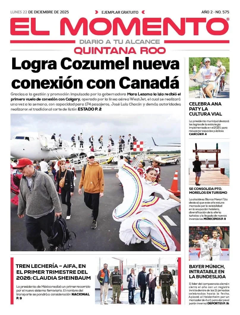 Portada de El Momento Quintana Roo del lunes, 22 de diciembre de 2025