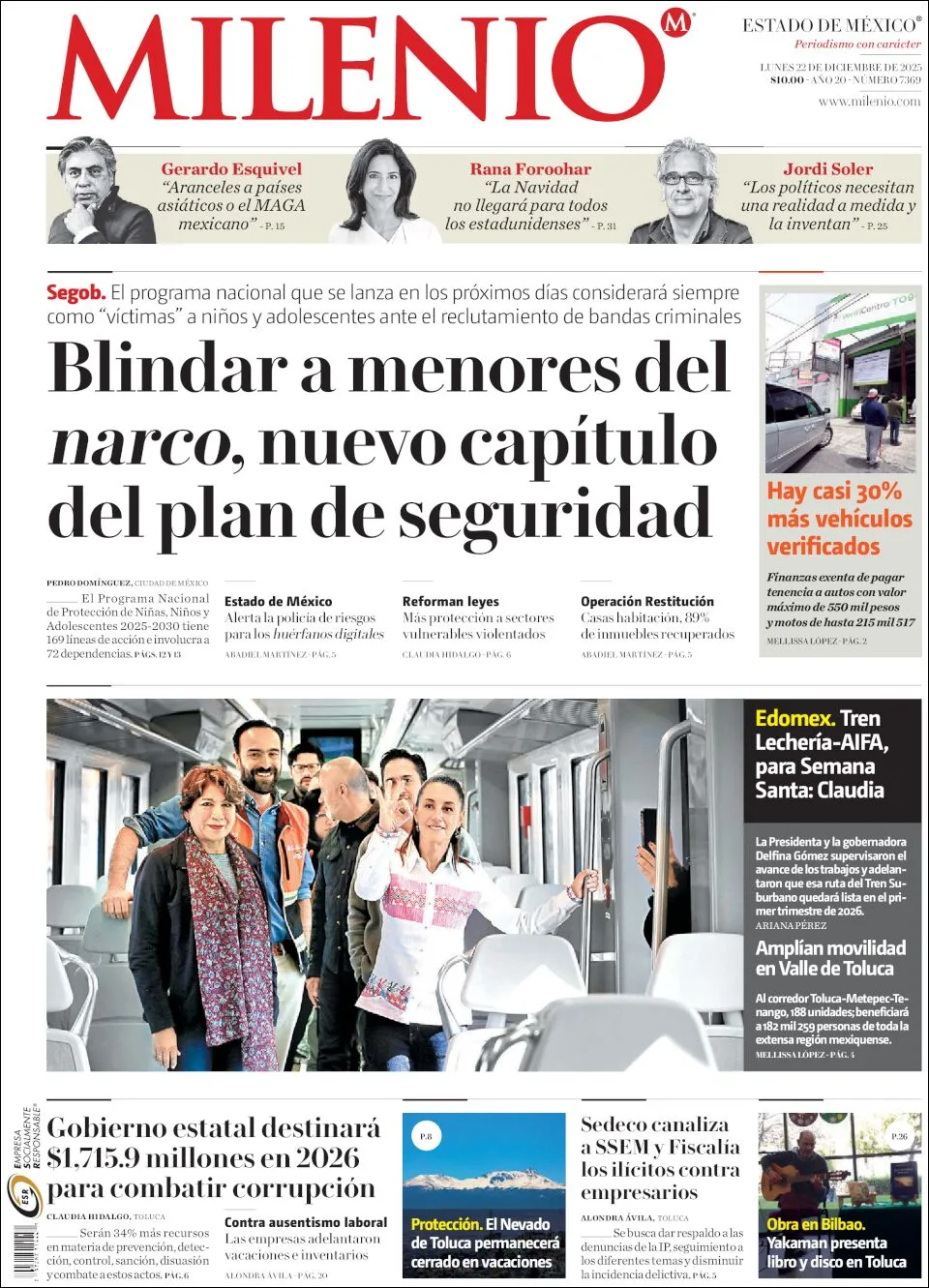 Portada de Milenio Edo de Mexico del lunes, 22 de diciembre de 2025