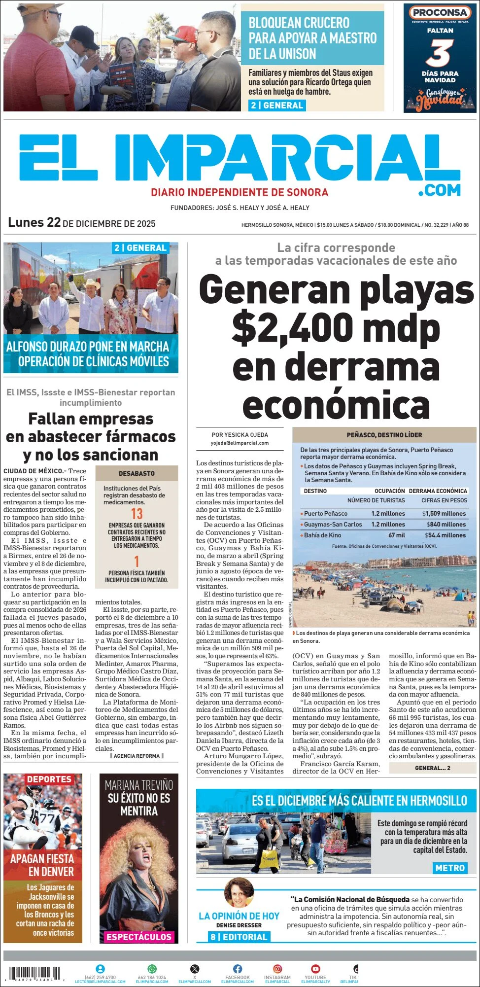 Portada de El Imparcial del lunes, 22 de diciembre de 2025