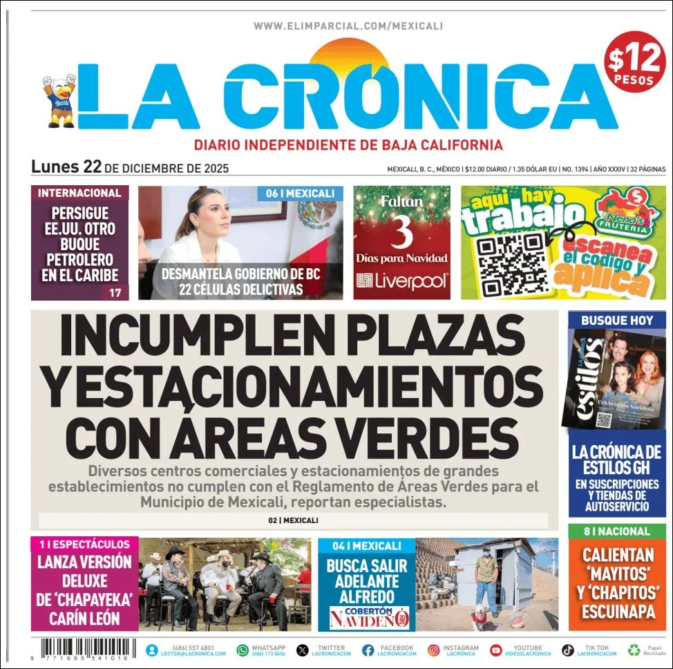 Portada de La Cronica del lunes, 22 de diciembre de 2025