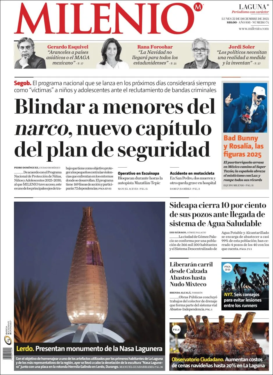 Portada de Milenio Laguna del lunes, 22 de diciembre de 2025