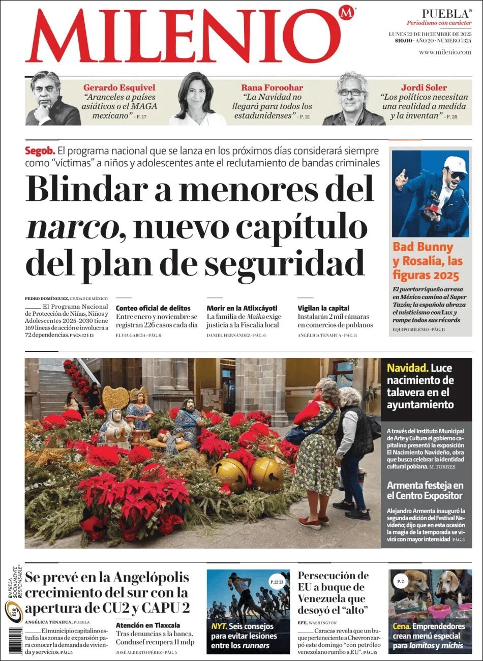 Portada de Milenio Puebla del lunes, 22 de diciembre de 2025