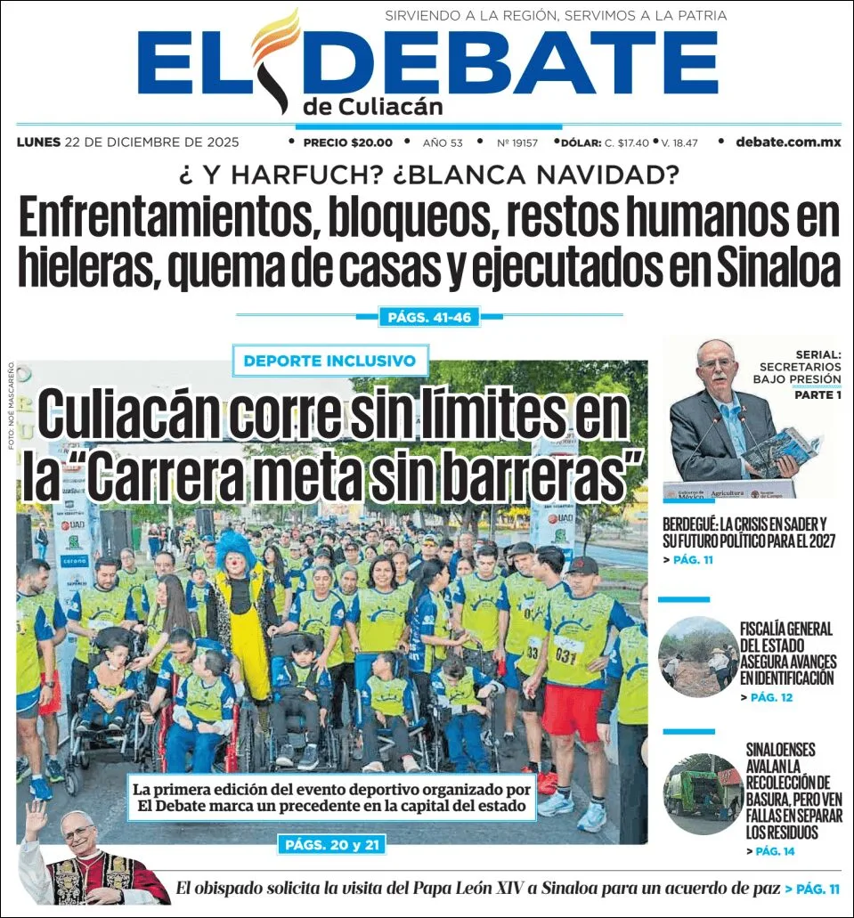 Portada de El Debate de Culiacan del lunes, 22 de diciembre de 2025