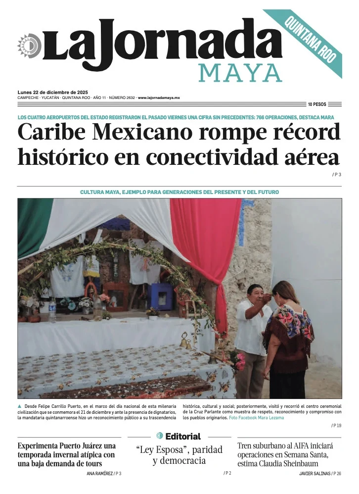 Portada de La Jornada Maya Quintana Roo del lunes, 22 de diciembre de 2025