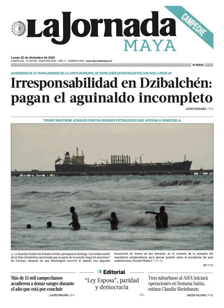 Portada de La Jornada Maya Campeche del lunes, 22 de diciembre de 2025