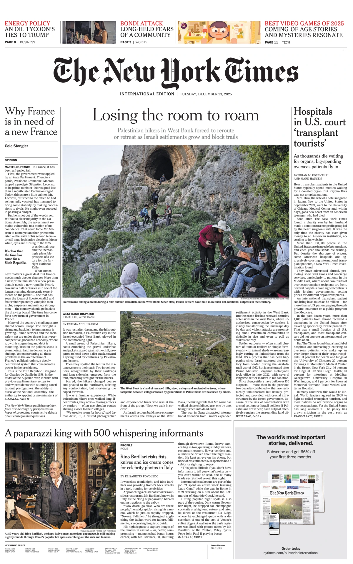 Portada de The New York Times (international) del martes, 23 de diciembre de 2025