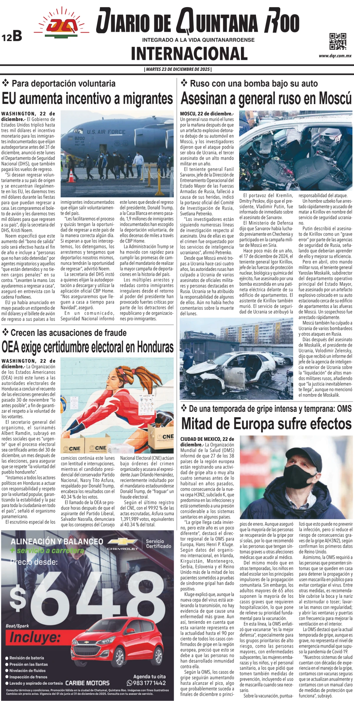 Portada de Diario de Quintana Roo (contra Portada) del martes, 23 de diciembre de 2025