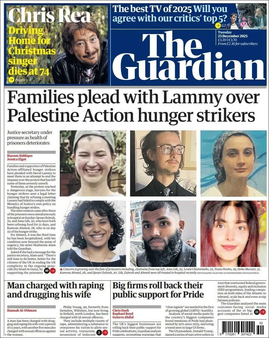 Portada de The Guardian (reino Unido) del martes, 23 de diciembre de 2025