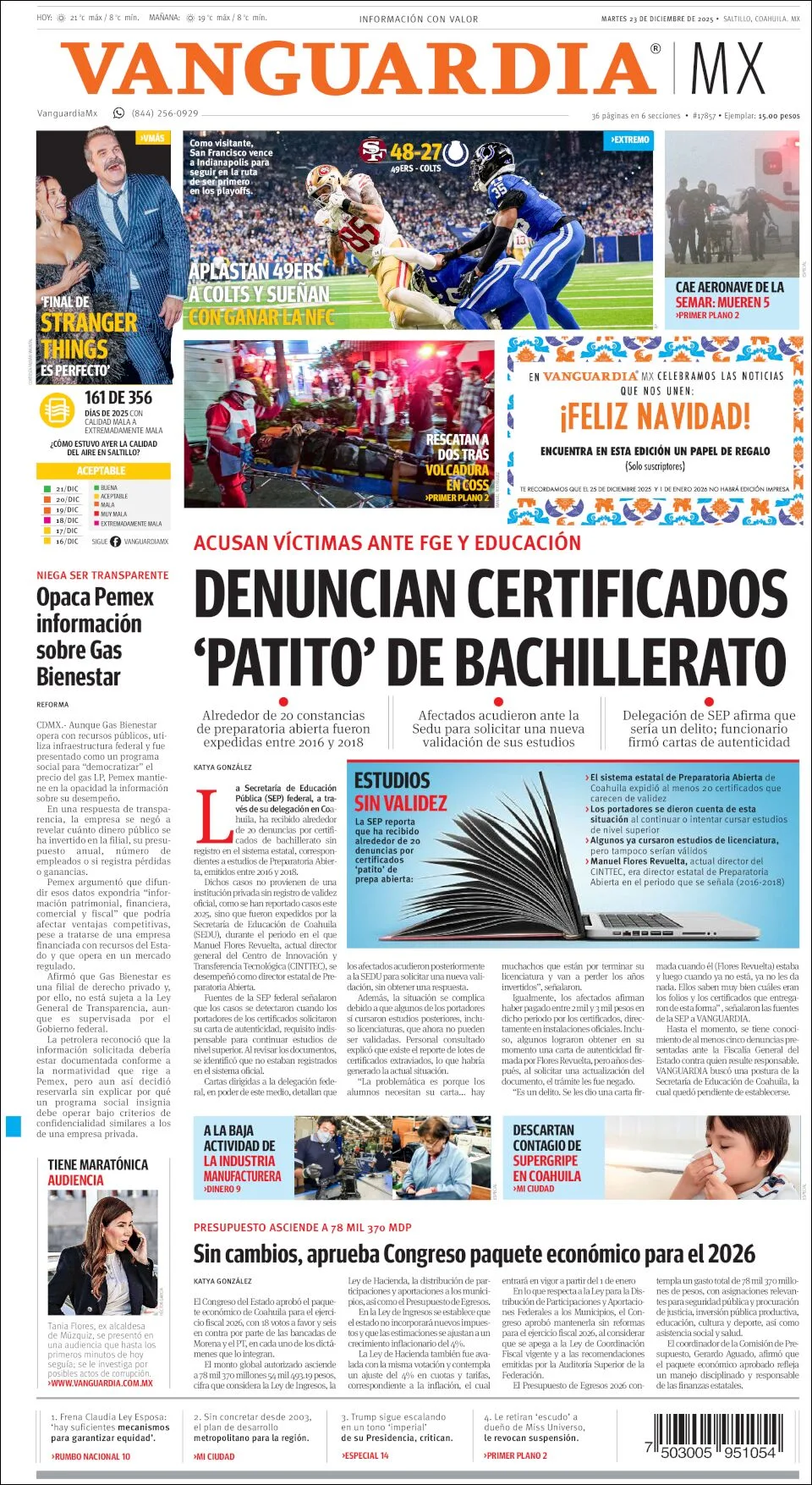Portada de Vanguardia del martes, 23 de diciembre de 2025