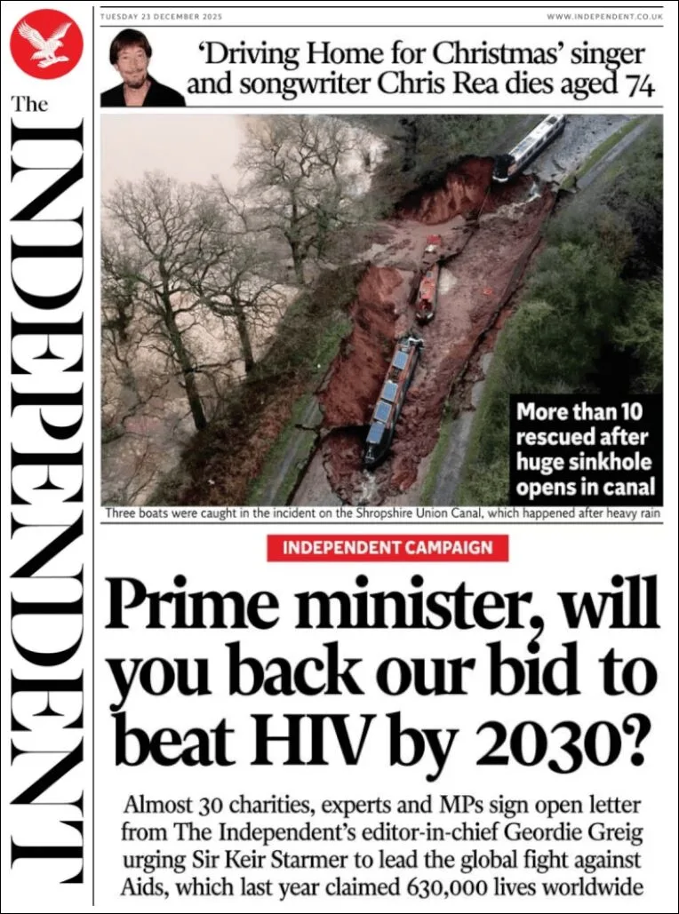 Portada de The Independent del martes, 23 de diciembre de 2025