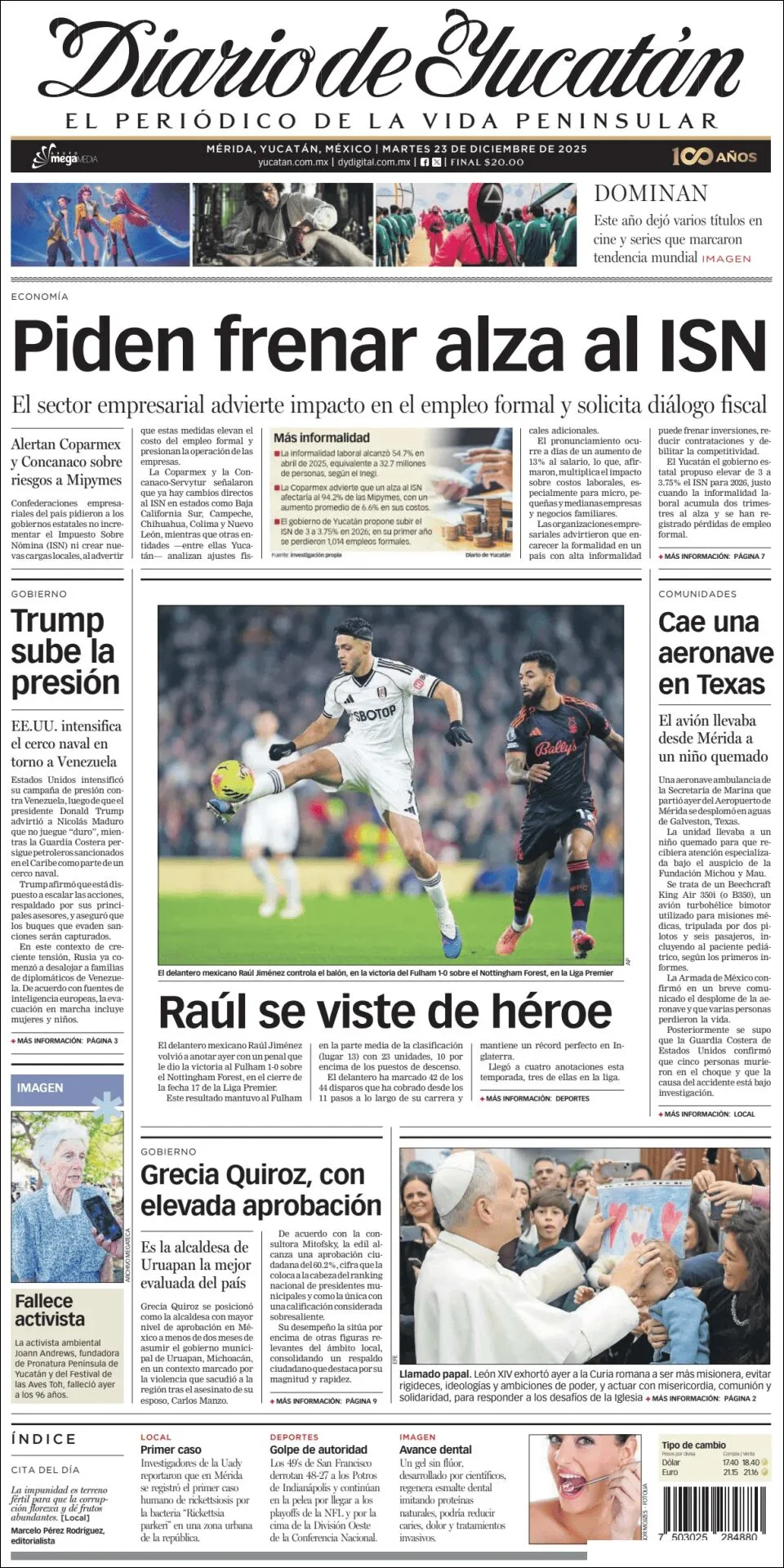 Portada de Diario de Yucatán del martes, 23 de diciembre de 2025