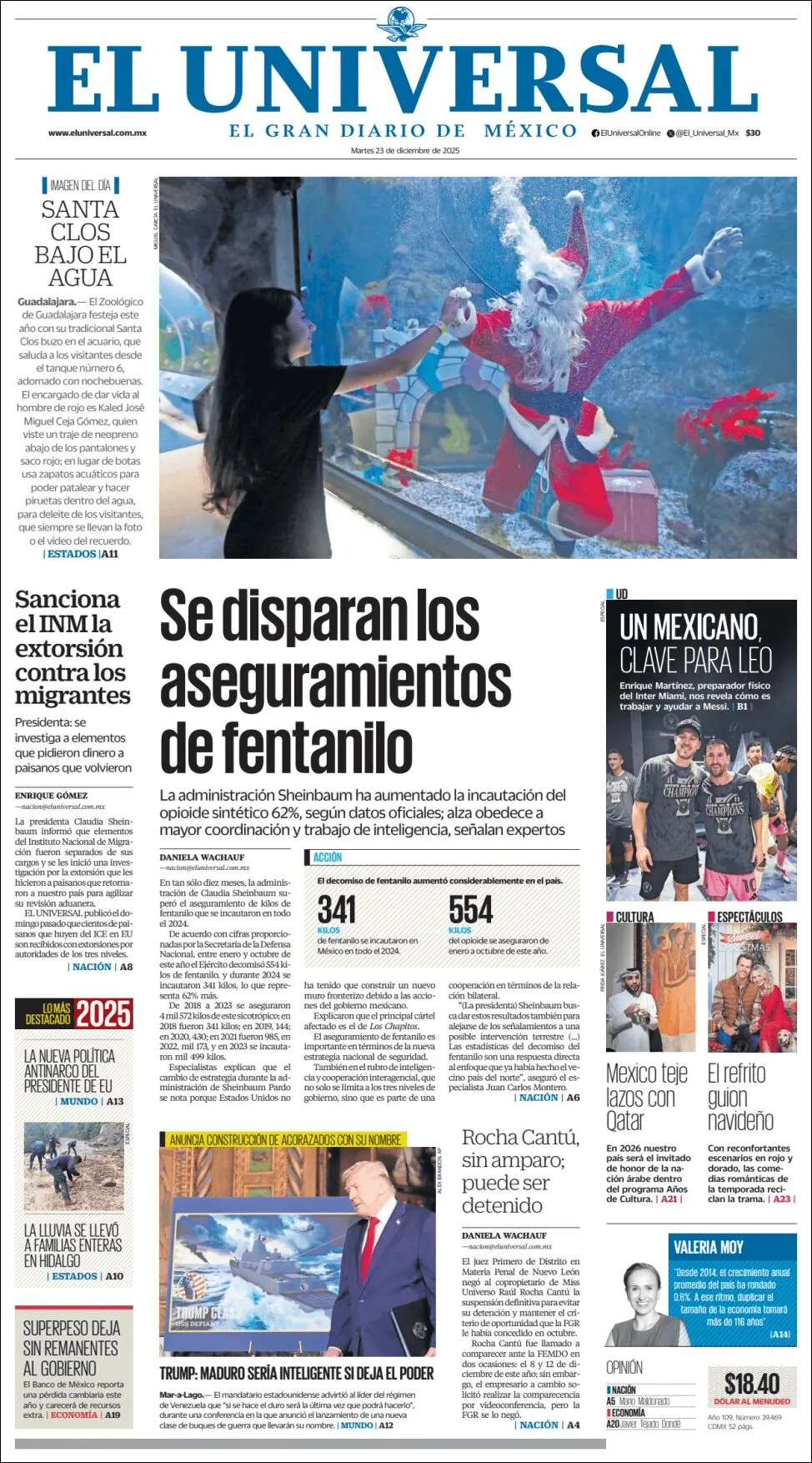 Portada de El Universal del martes, 23 de diciembre de 2025