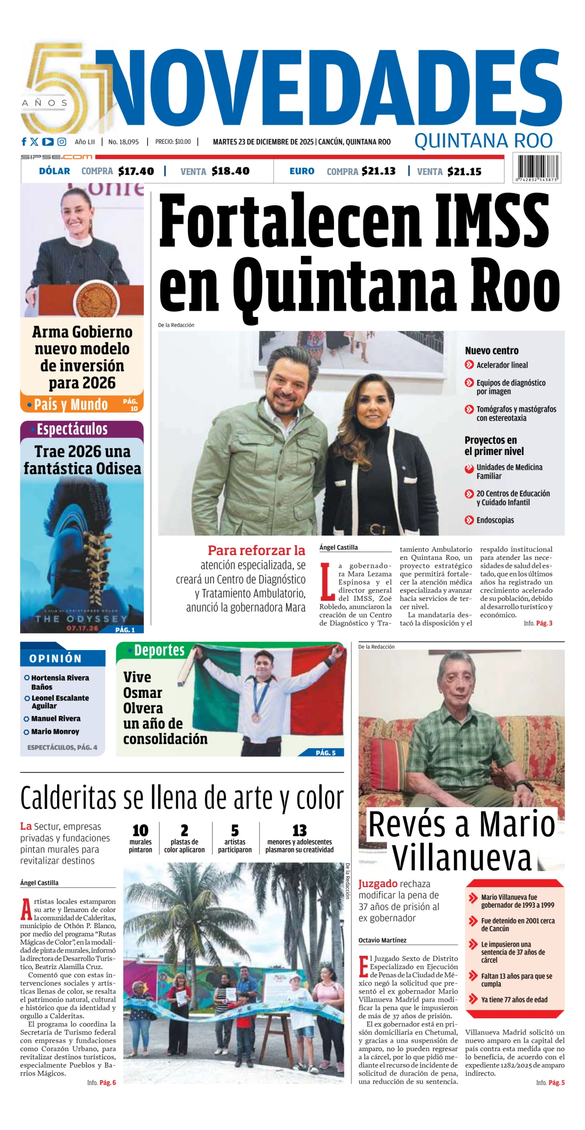 Portada de Novedades Quintana Roo del martes, 23 de diciembre de 2025