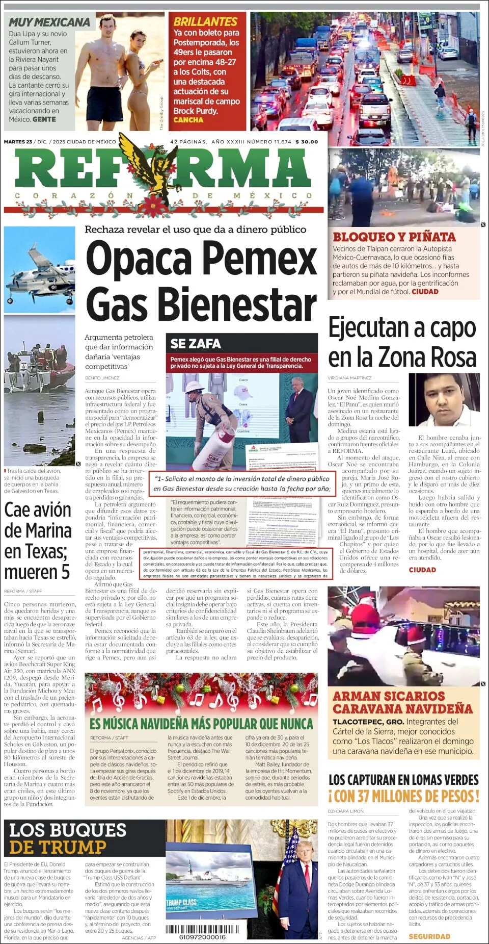 Portada de Reforma del martes, 23 de diciembre de 2025