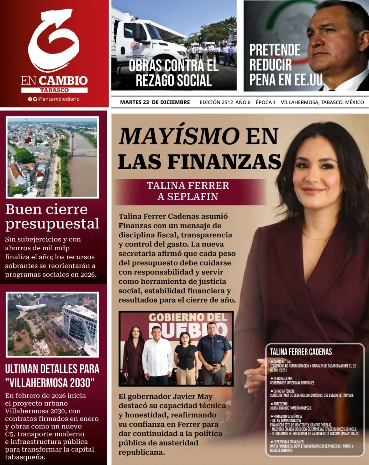 Portada de En Cambio - Tabasco (portada) del martes, 23 de diciembre de 2025