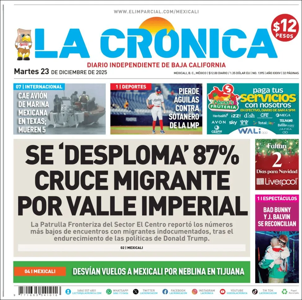 Portada de La Cronica del martes, 23 de diciembre de 2025