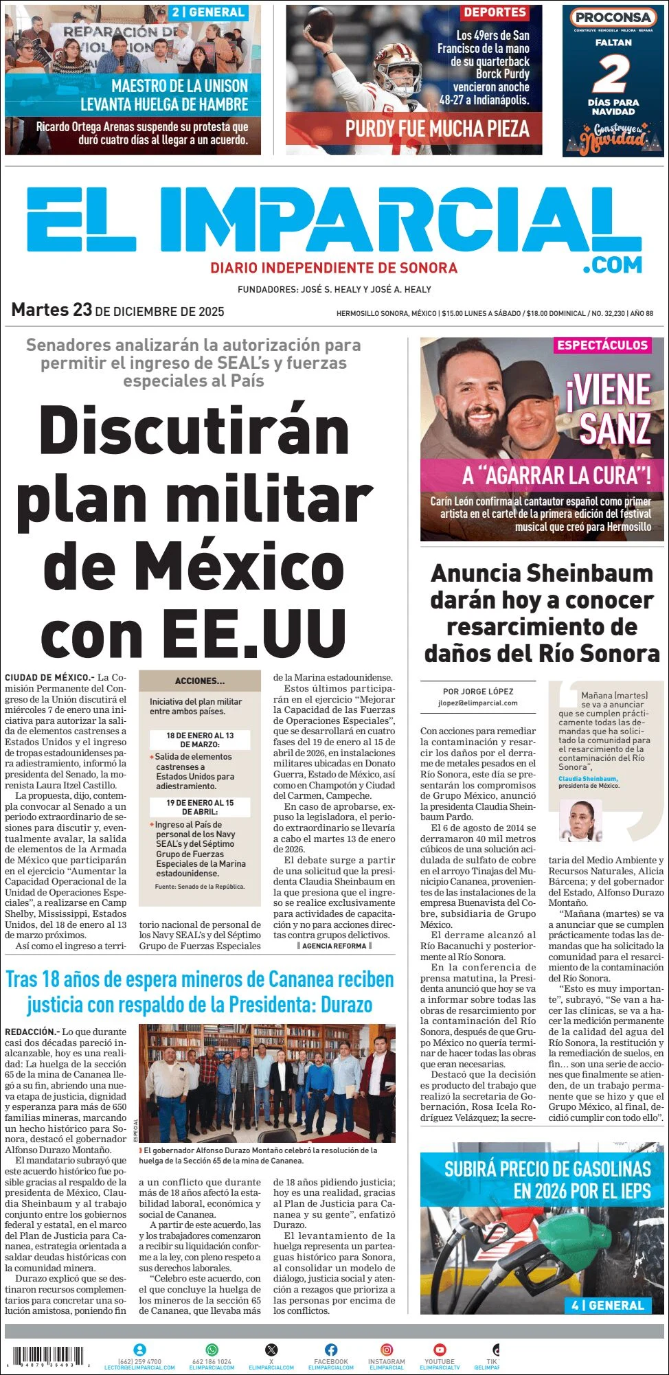 Portada de El Imparcial del martes, 23 de diciembre de 2025