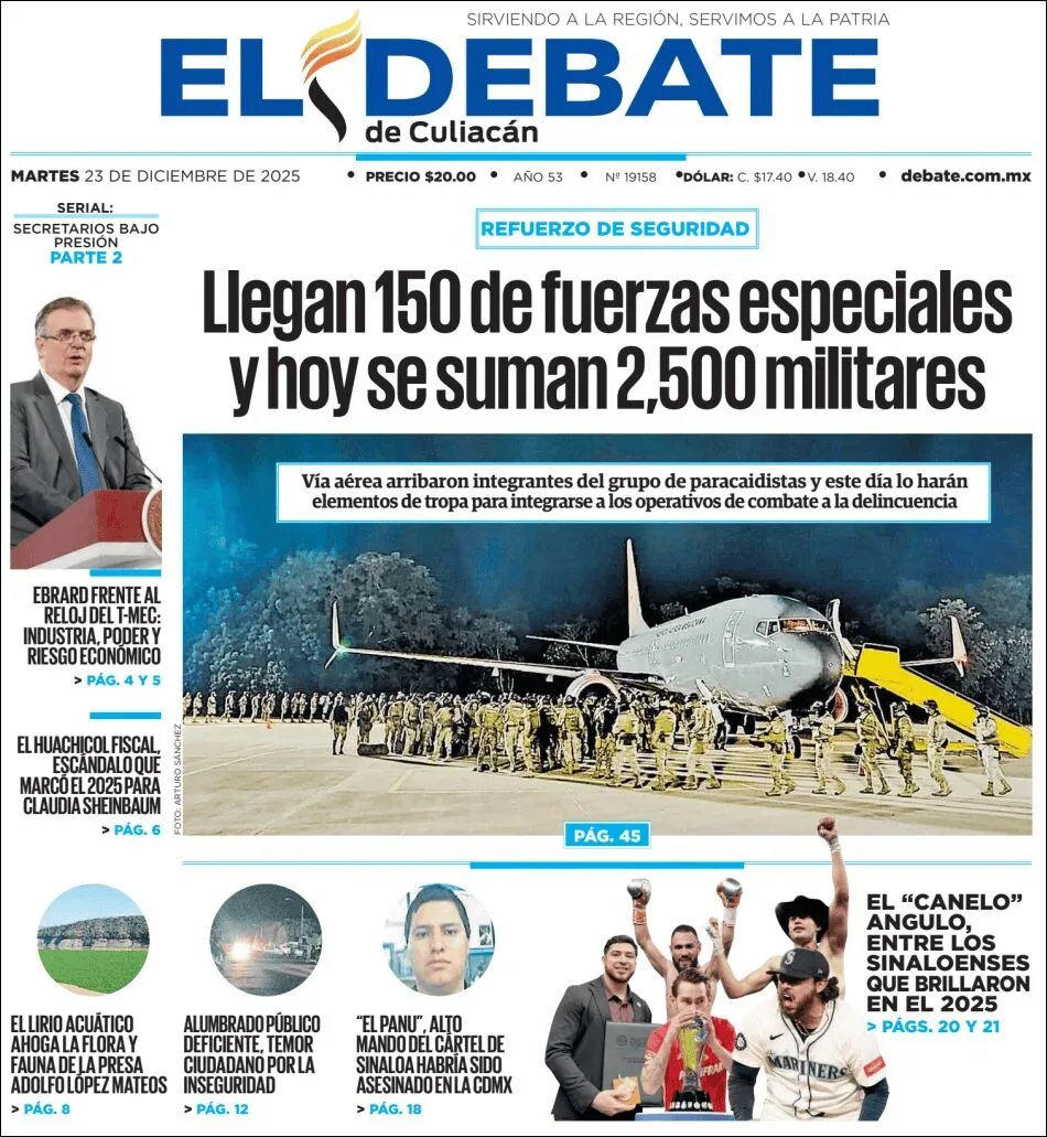Portada de El Debate de Culiacan del martes, 23 de diciembre de 2025