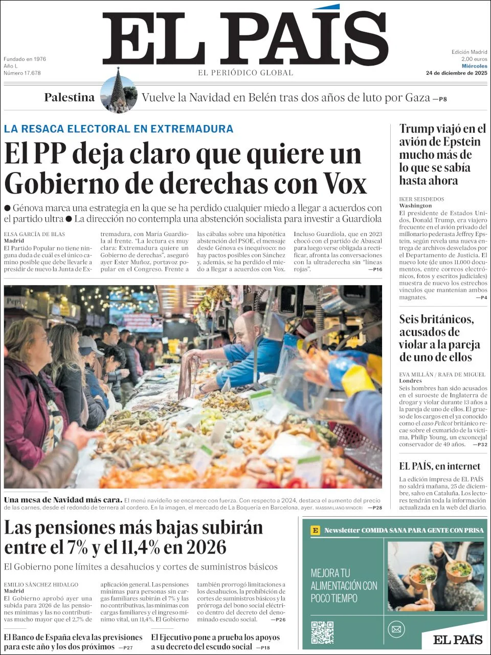 Portada de El Pais del miércoles, 24 de diciembre de 2025