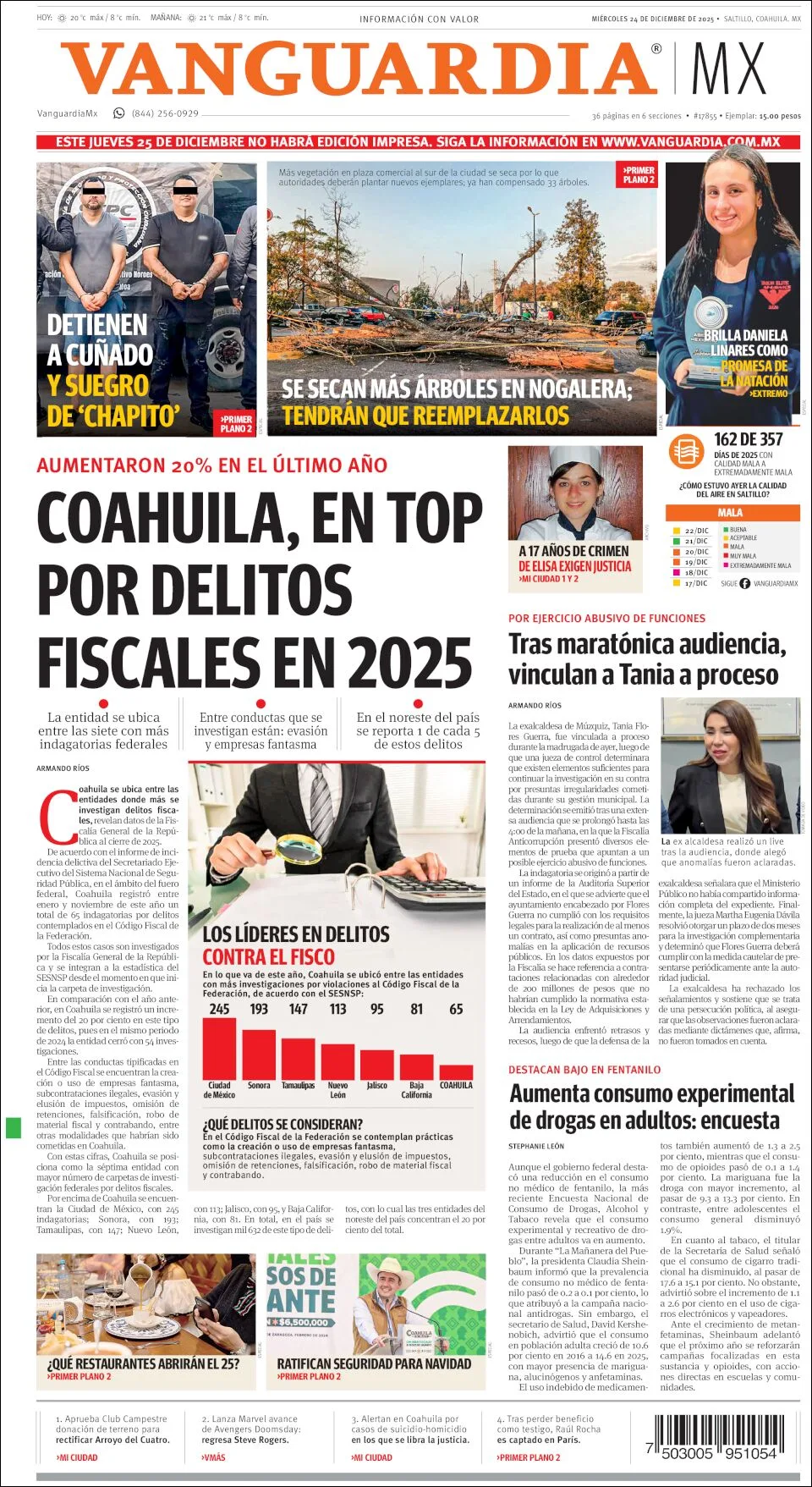 Portada de Vanguardia del miércoles, 24 de diciembre de 2025