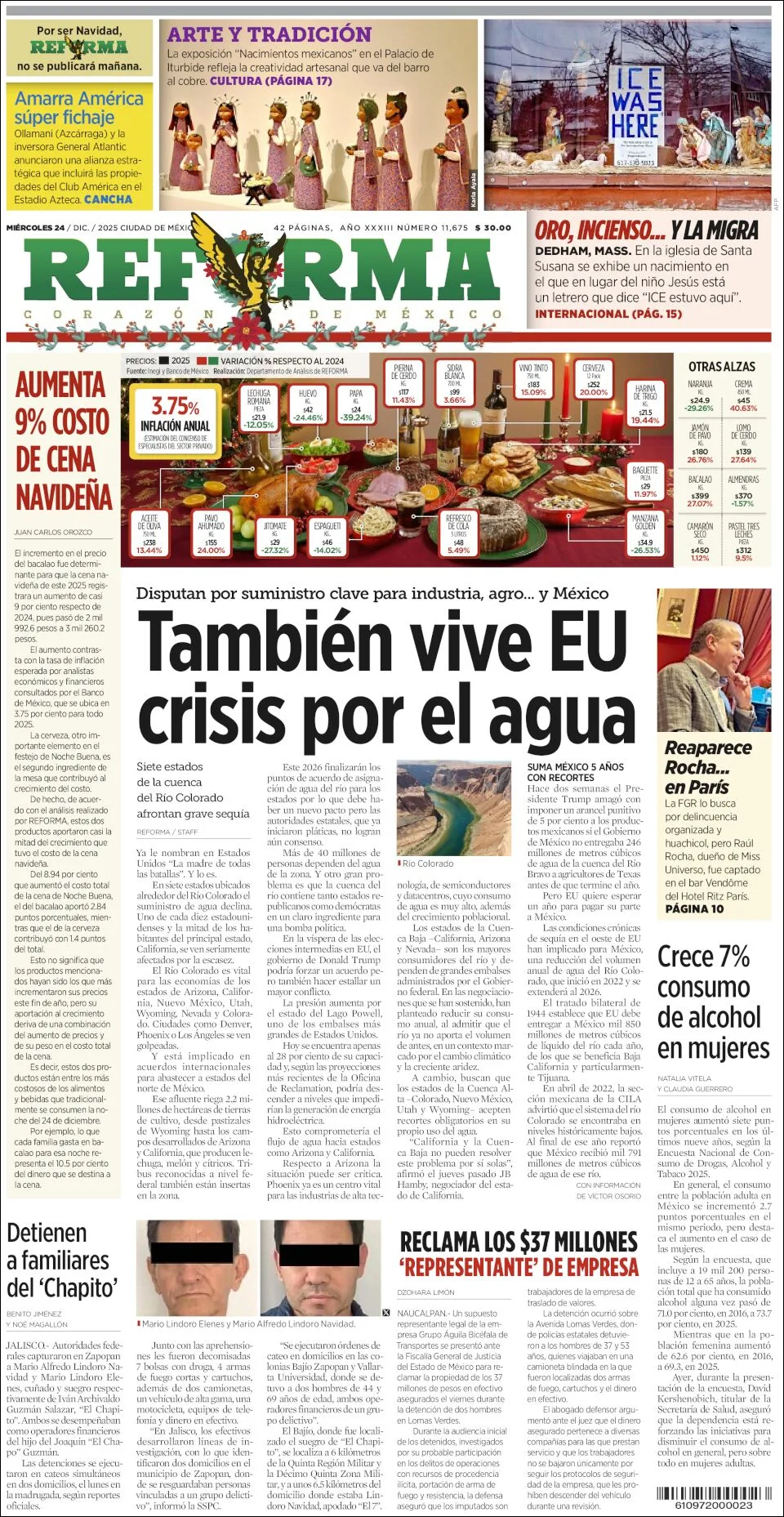 Portada de Reforma del miércoles, 24 de diciembre de 2025