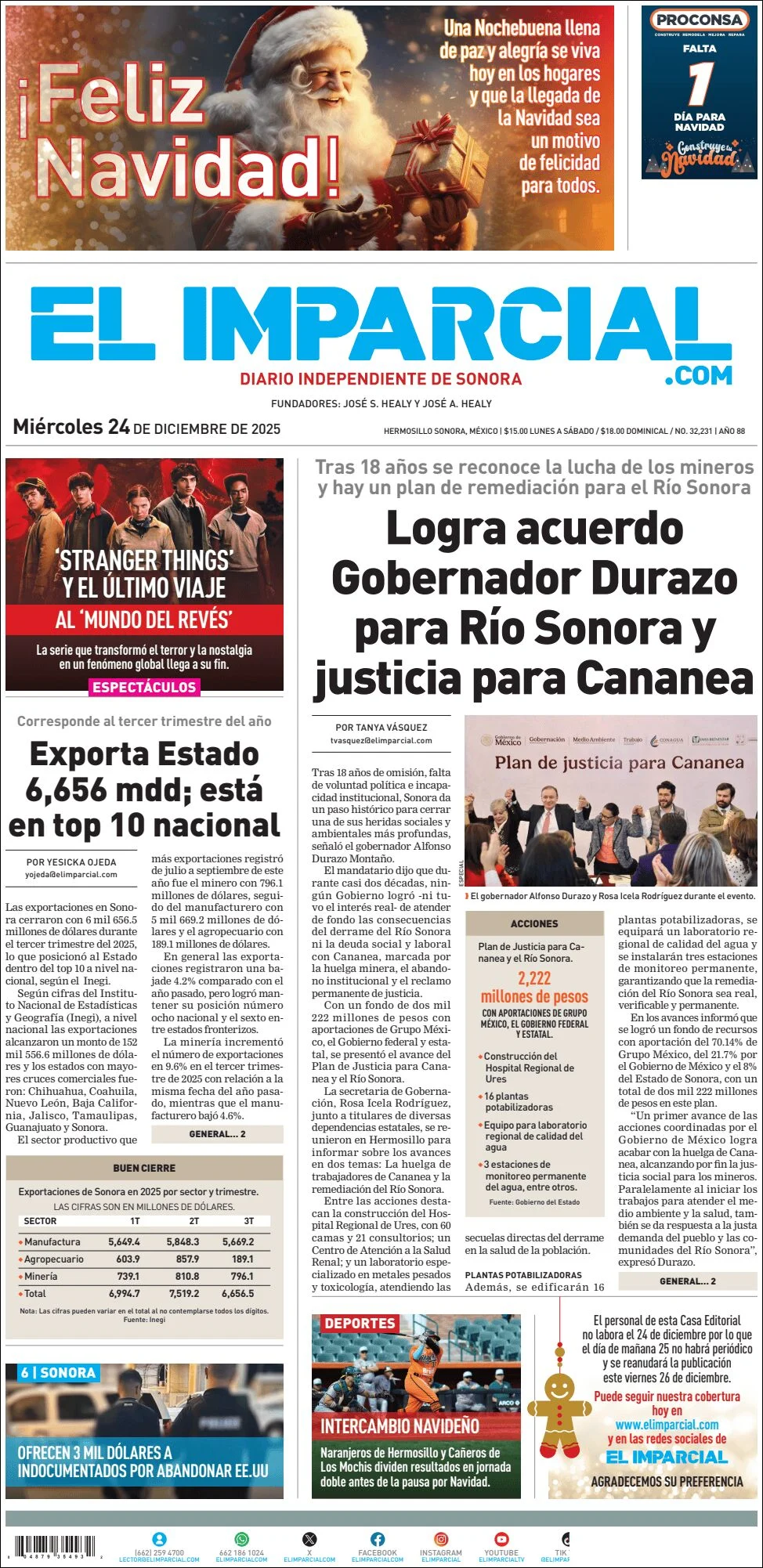 Portada de El Imparcial del miércoles, 24 de diciembre de 2025