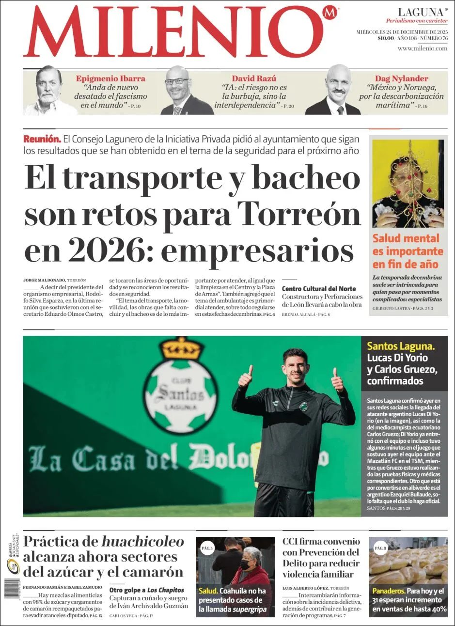 Portada de Milenio Laguna del miércoles, 24 de diciembre de 2025