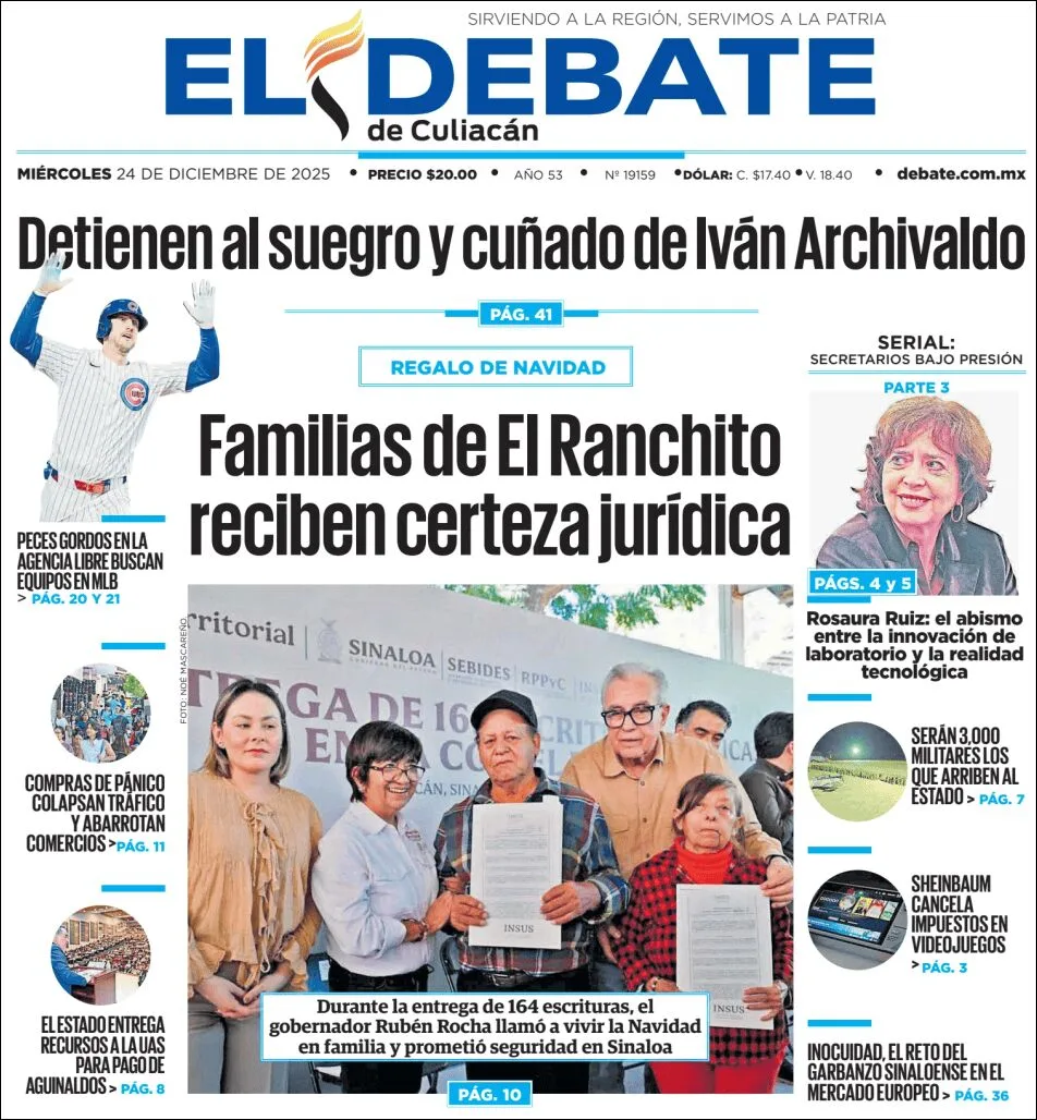 Portada de El Debate de Culiacan del miércoles, 24 de diciembre de 2025