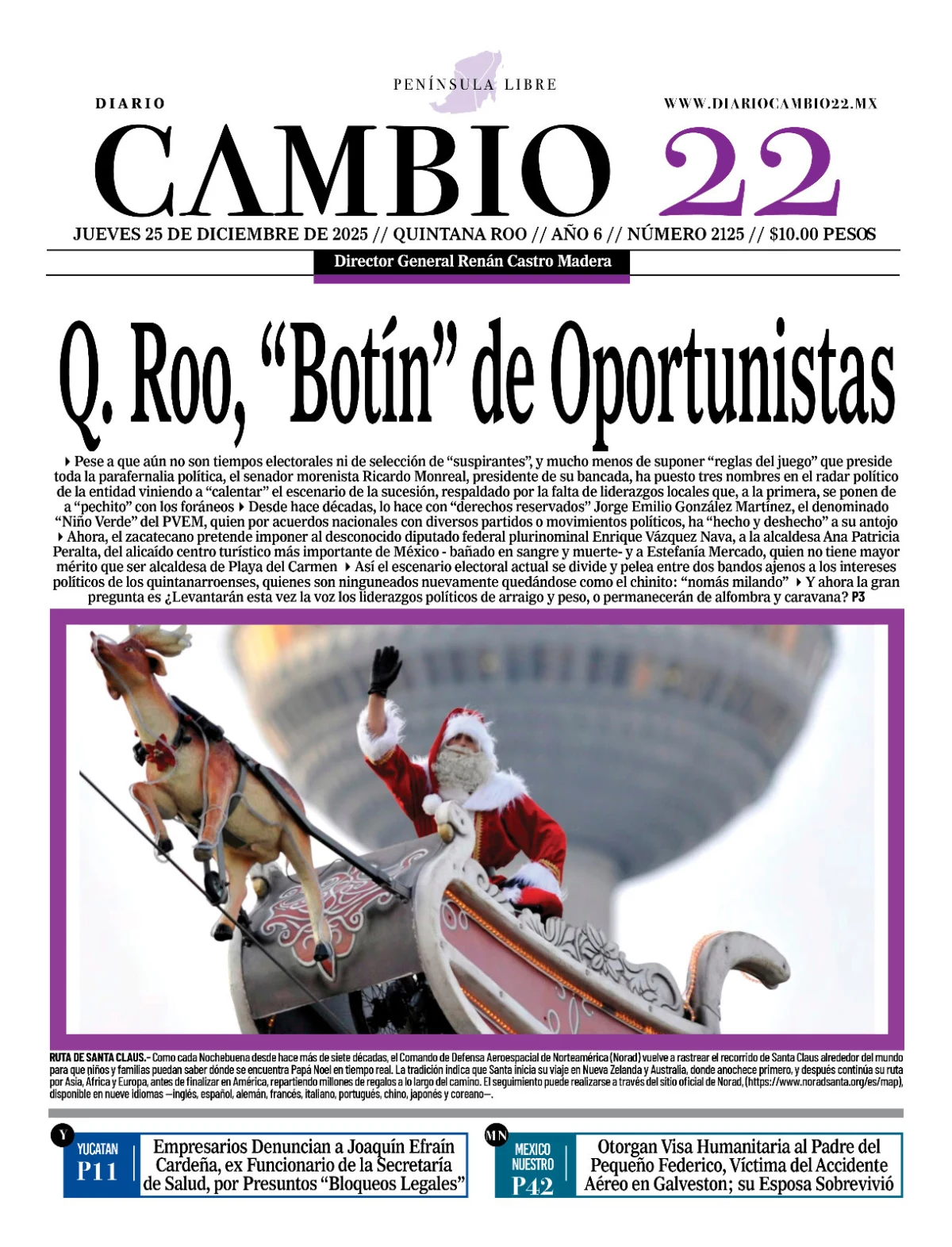 Portada de Diario Cambio 22 (portada) del jueves, 25 de diciembre de 2025