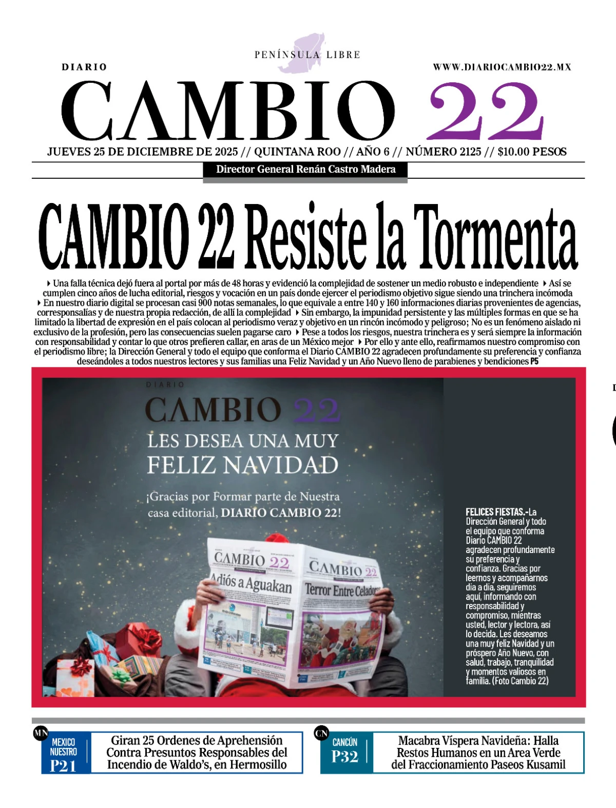 Portada de Diario Cambio 22 (contraportada) del jueves, 25 de diciembre de 2025